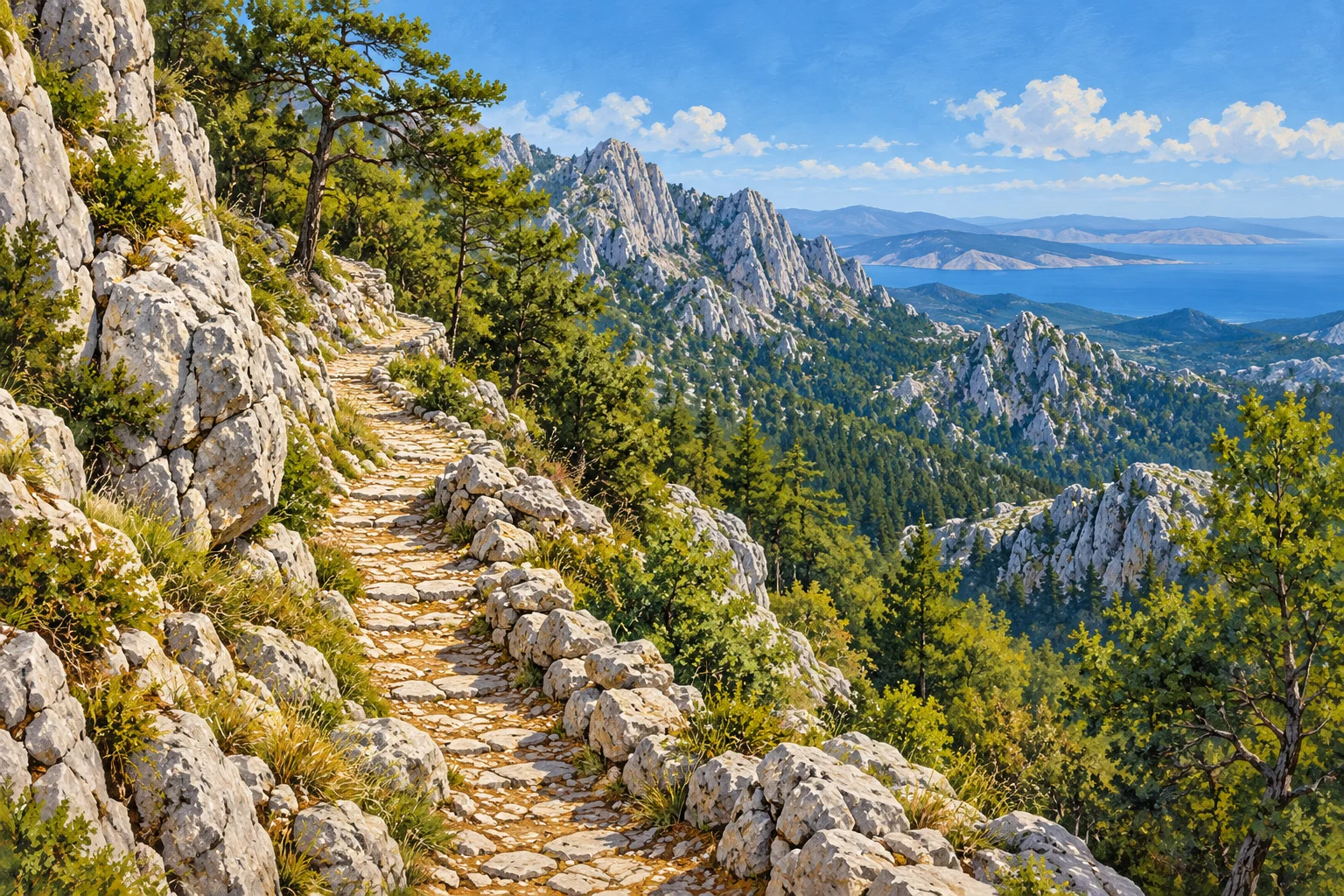 Gemalte Symbolansicht eines schmalen Steinwegs im Velebit-Karst; kein georeferenzierter Wegabschnitt