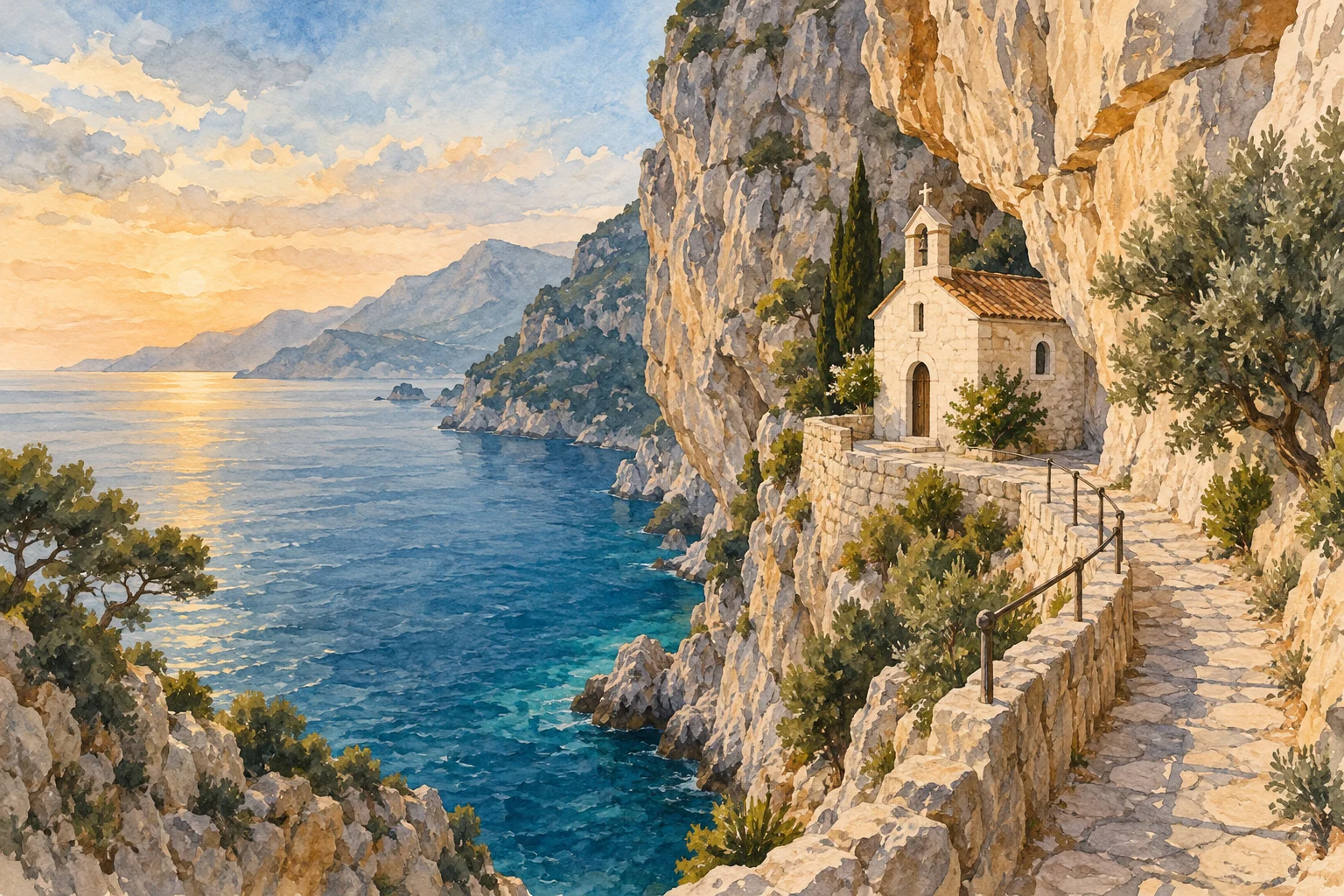 Gemalte freie Annäherung an eine kleine Kapelle zwischen hoher Kalksteinwand und Meer