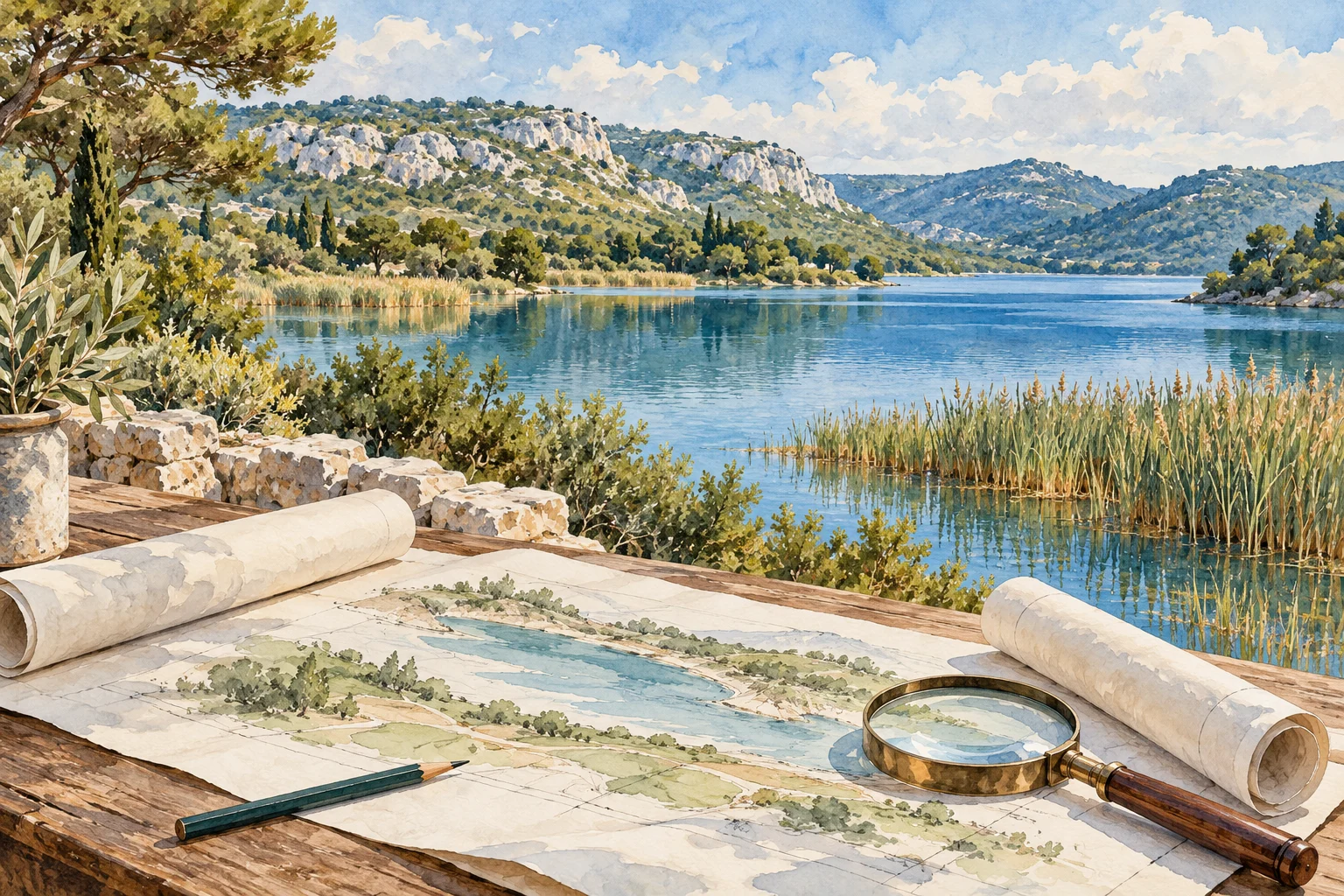 Gemalte Symbolszene mit Planungsunterlagen vor einer mediterranen Seelandschaft