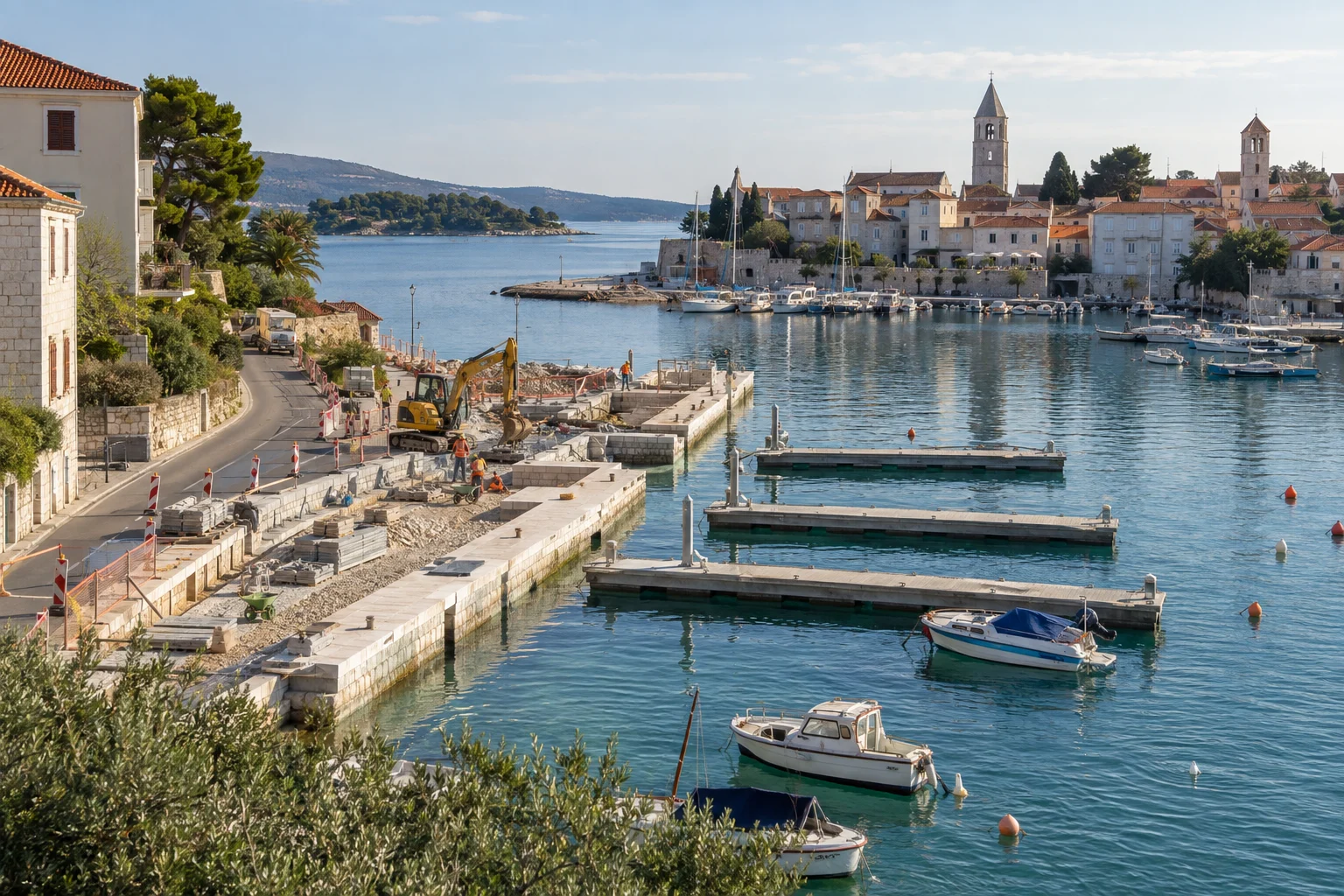 Ein kleiner Bagger, Absperrungen und Schwimmpontons stehen für den geplanten Umbau von Hafen und Zufahrt in Rab