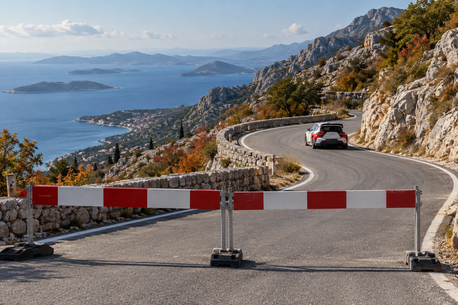 Eine Absperrung schließt eine kurvige Straße in einer Küstenkarstlandschaft; dahinter fährt ein Rallyauto