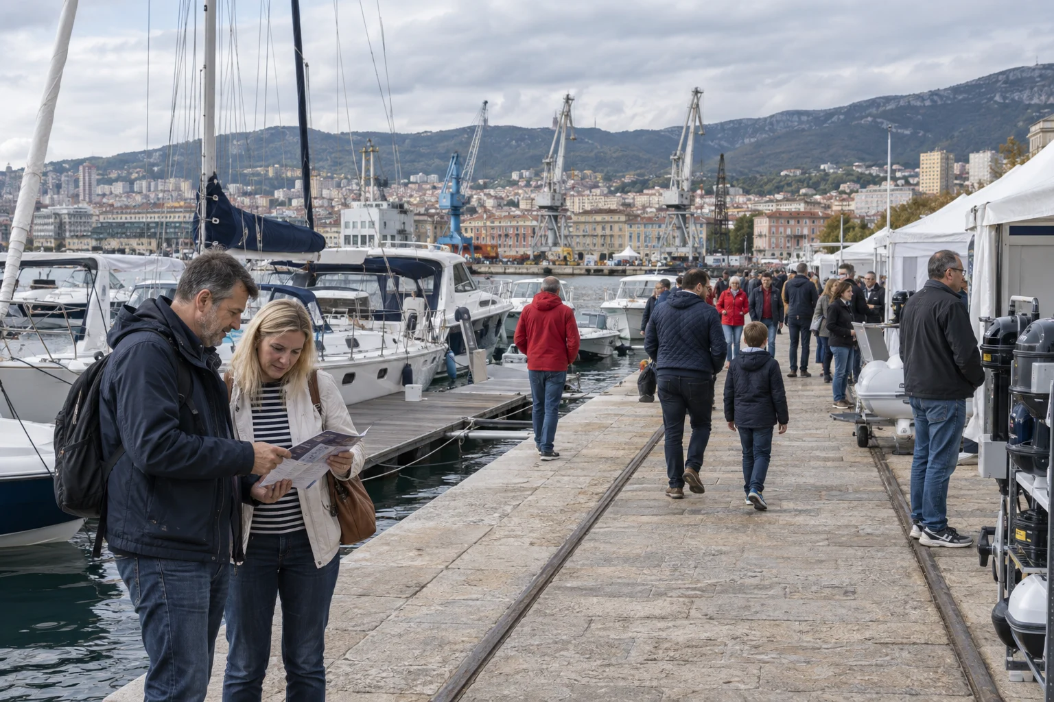 Des visiteurs comparent bateaux à moteur et équipements nautiques sur un quai urbain du Kvarner