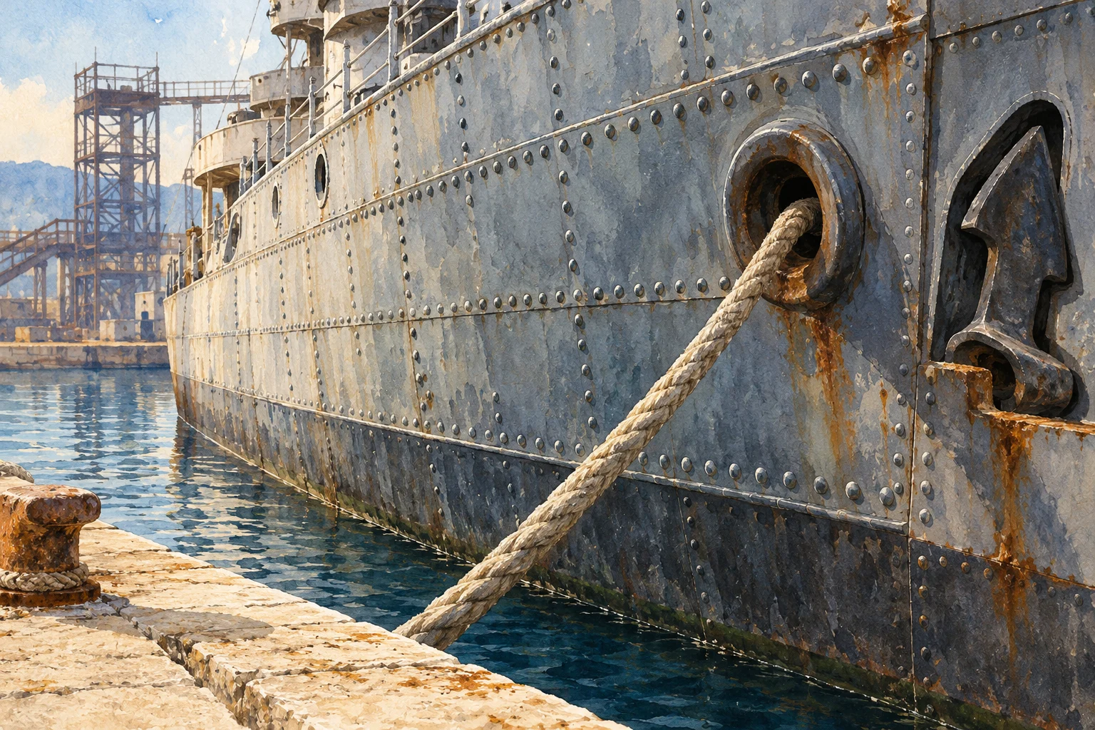 Gemalte Symbolansicht eines historischen Schiffsrumpfs an einer Werft