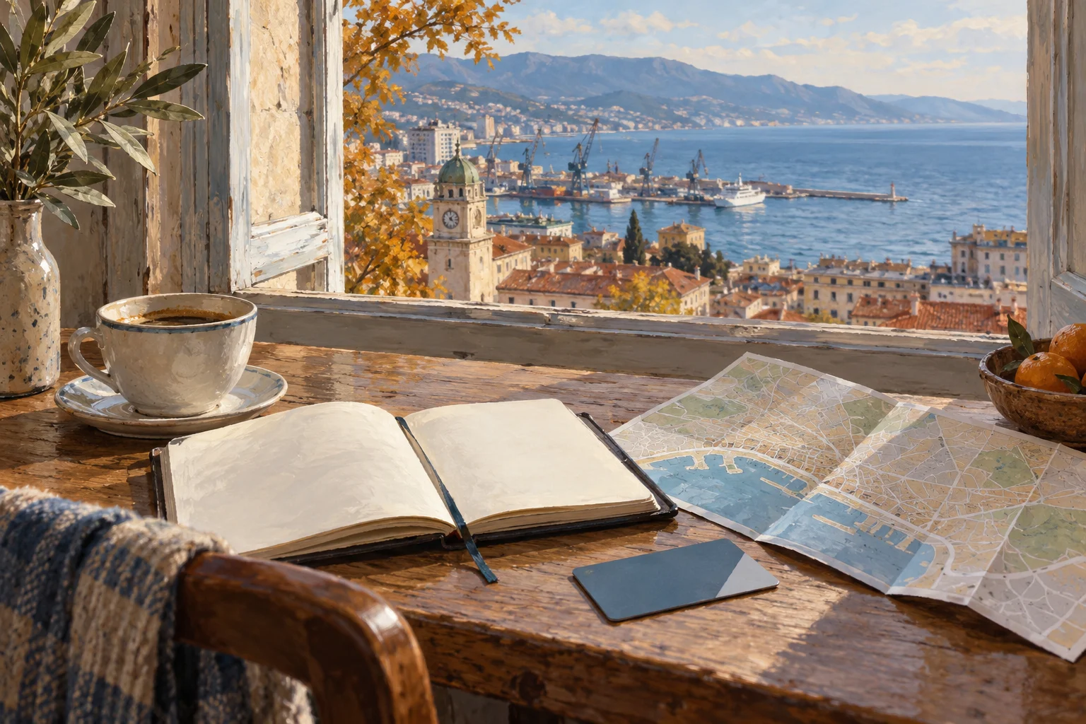 Gemaltes Stillleben mit Reisenotizen, Karte und Kaffee vor einer adriatischen Hafenstadt