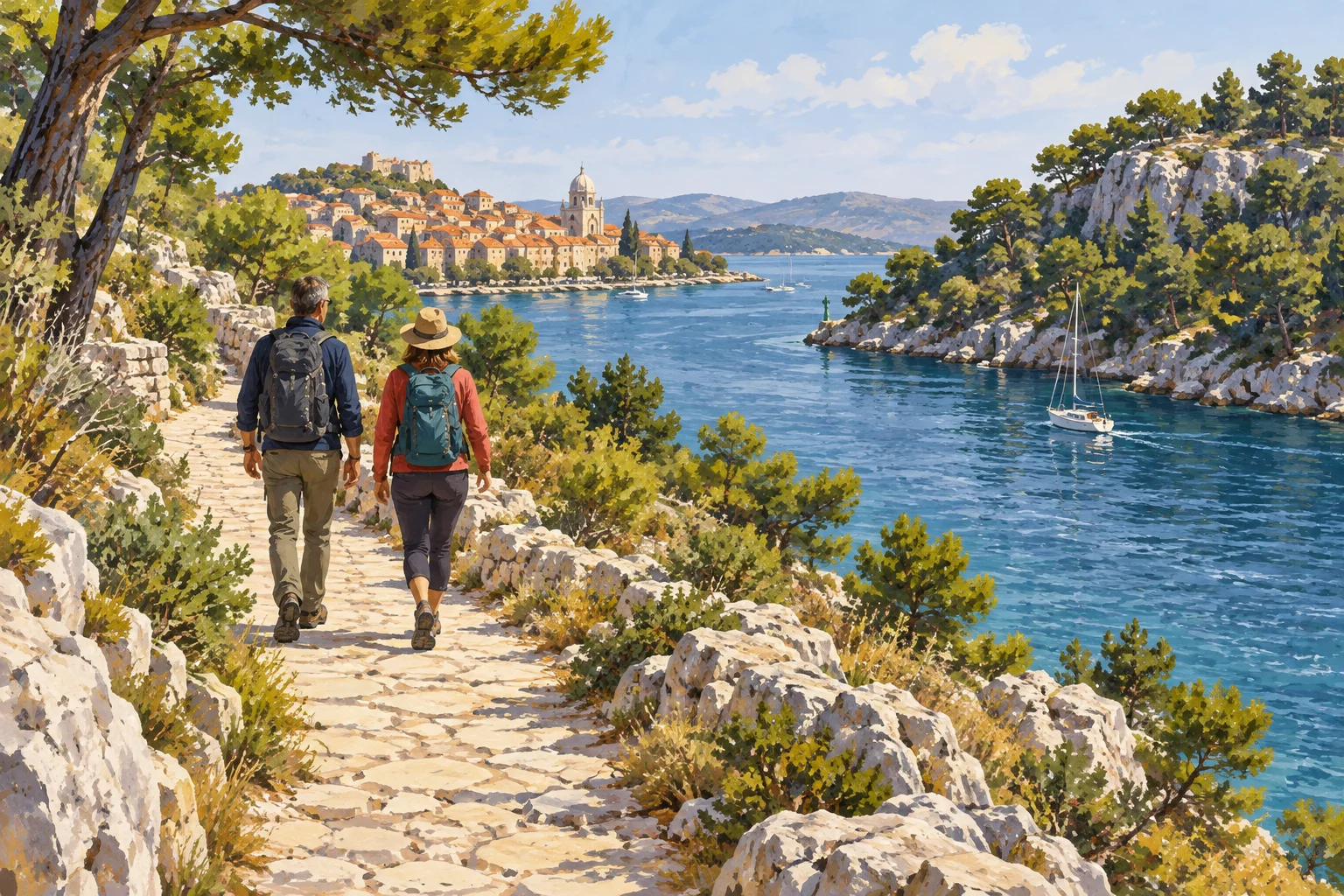 Scena simbolica dipinta di una passeggiata lungo un canale marino roccioso, con una città mediterranea sullo sfondo