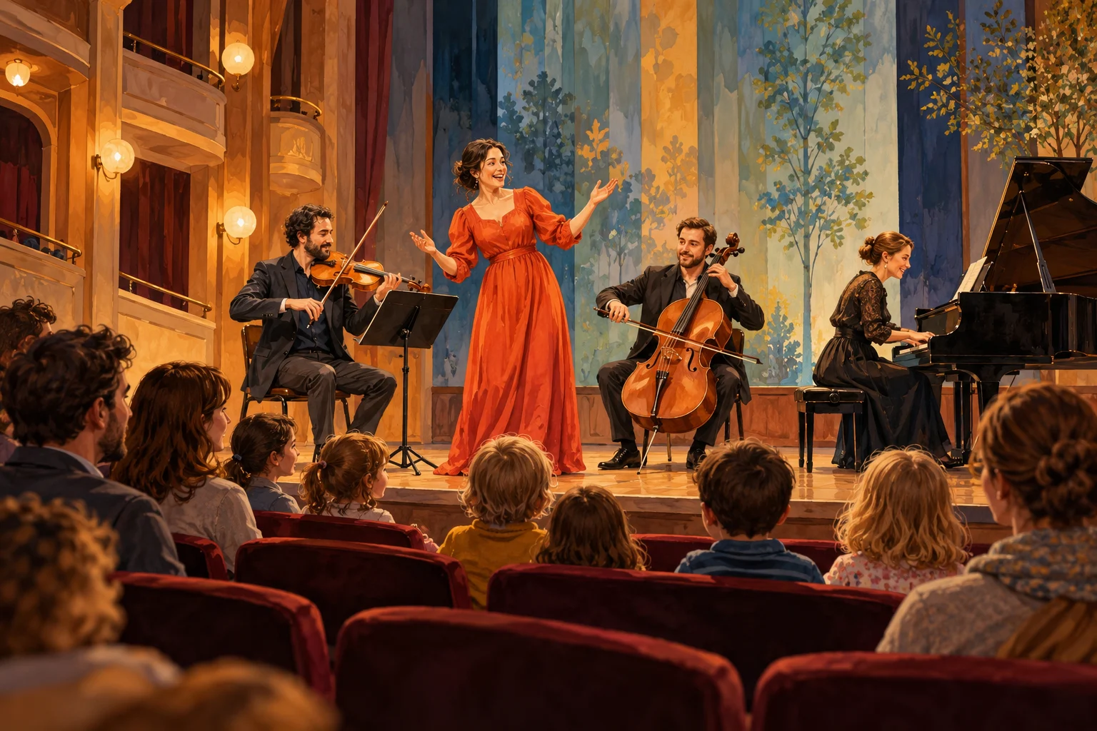 Gemalte Symbolszene eines kleinen Musiktheaterabends mit Familienpublikum