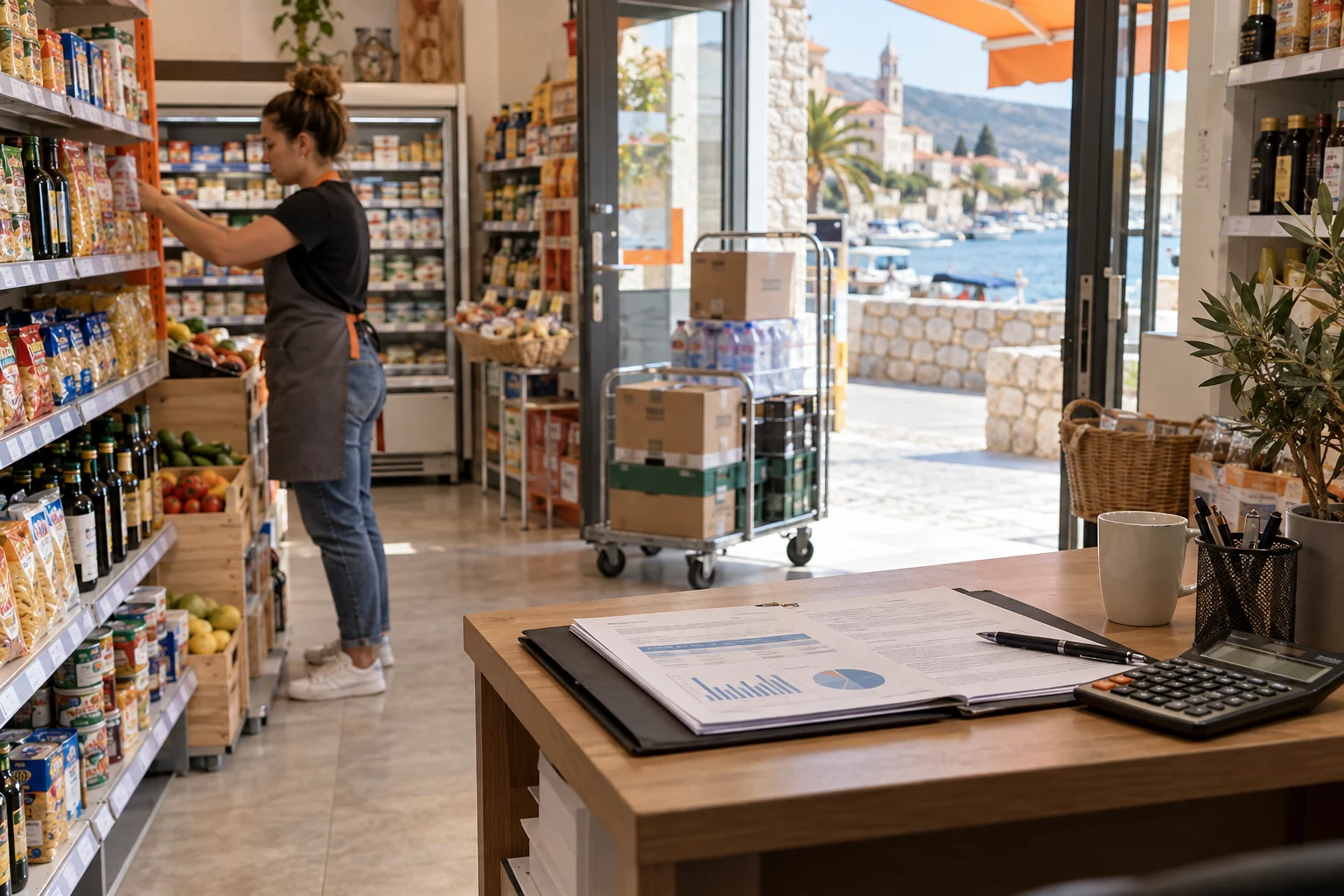 Activité normale dans une petite épicerie croate près de documents financiers illisibles