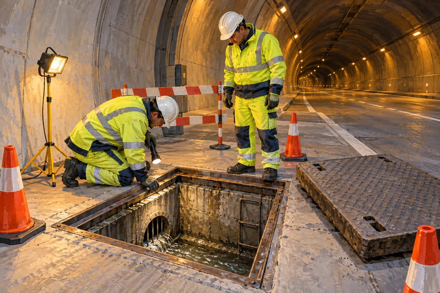 Gemalte Symbolszene mit abgesichertem Entwässerungsschacht und Wartungsteam in einem Tunnel