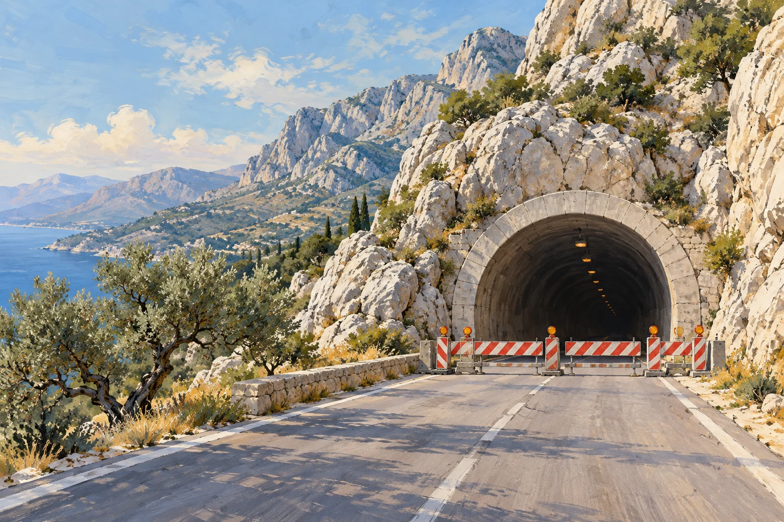 Gemalte Symbolansicht einer abgesperrten Tunnelzufahrt in mediterraner Karstlandschaft