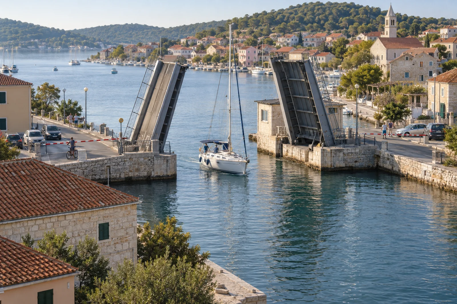 Symbolische Darstellung einer geöffneten kleinen Adriabrücke mit einem Segelboot in der Durchfahrt und wartendem Straßenverkehr