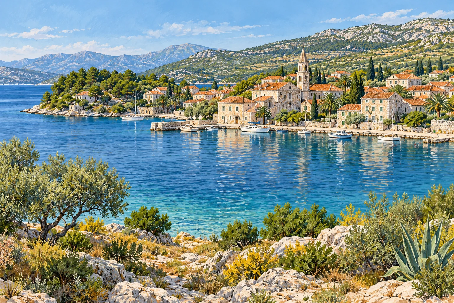 Gemalte Symbolansicht eines kroatischen Küstenorts; keine konkrete Planung für Tisno