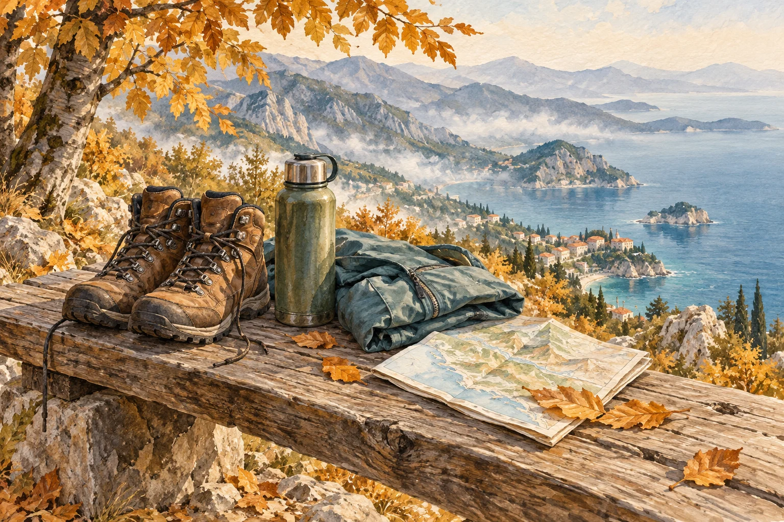 Gemaltes Stillleben aus Wanderschuhen, Jacke, Wasser und Karte auf einer Bank