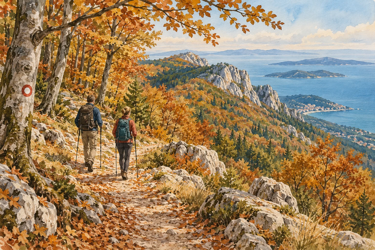 Gemalte Symbolszene eines herbstlichen Buchenwalds mit Wanderern und fernem Blick auf den Kvarner
