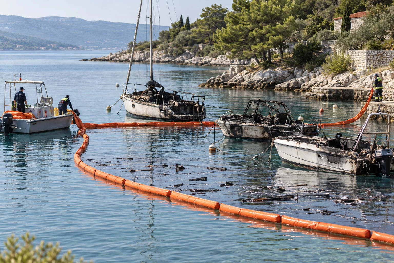 Einsatzkräfte grenzen Rückstände um beschädigte kleine Boote mit einer schwimmenden Ölsperre ein