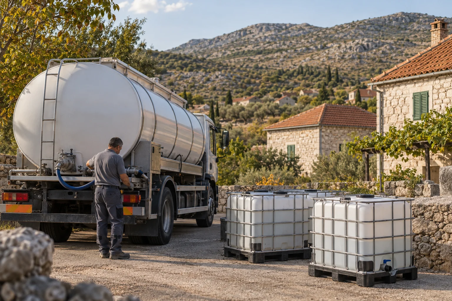 Un camion-citerne sans inscription et des réservoirs transportables se trouvent dans un village dalmate