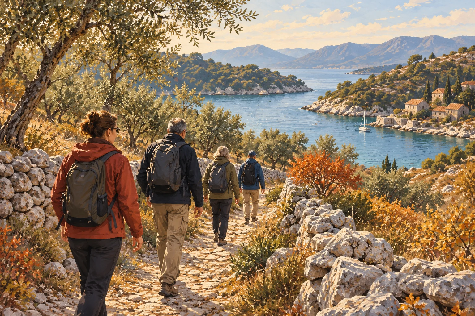 Gemalte Symbolszene erwachsener Wandernder auf einem herbstlichen Weg über einer dalmatinischen Bucht