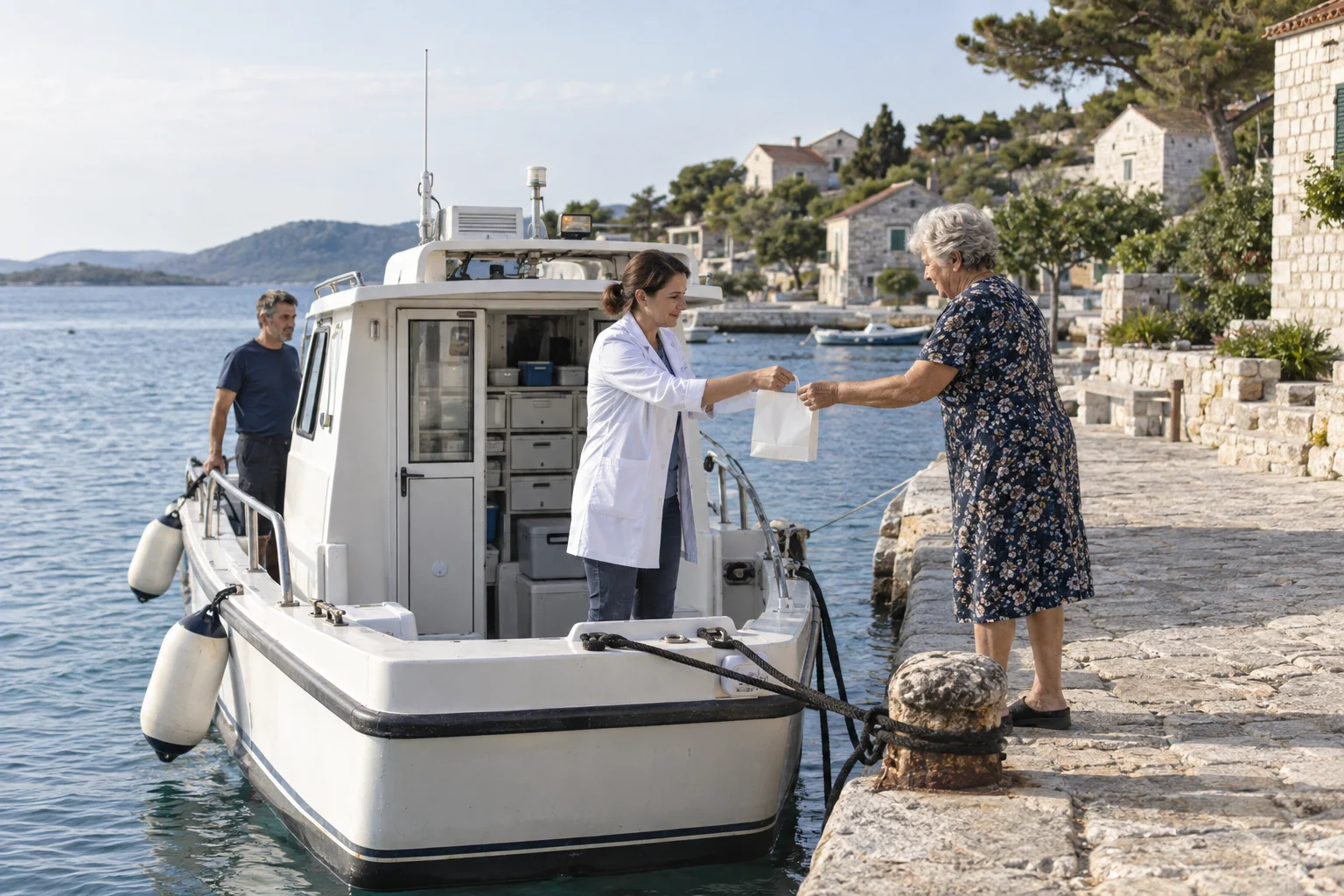 Ein mobiles Apothekenteam versorgt eine ältere Inselbewohnerin an einem symbolisch dargestellten Kai im Zadar-Archipel