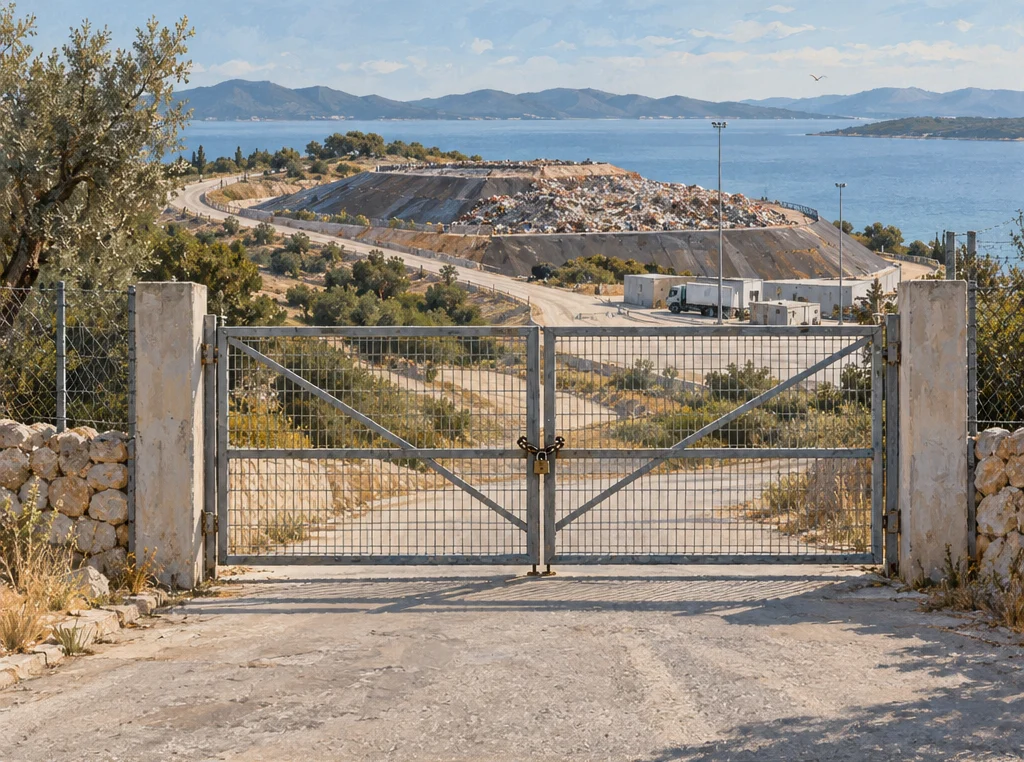 Imagen simbólica pintada de una puerta cerrada ante un vertedero en un paisaje mediterráneo