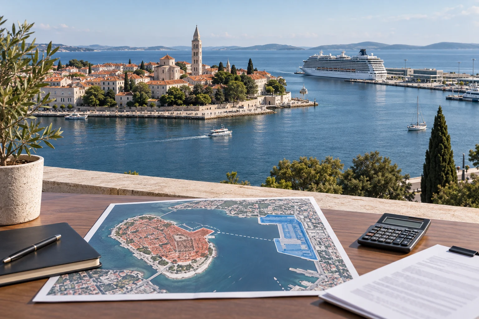 Pohled na Zadar s výletní lodí, mapou přístavu a kalkulačkou v popředí
