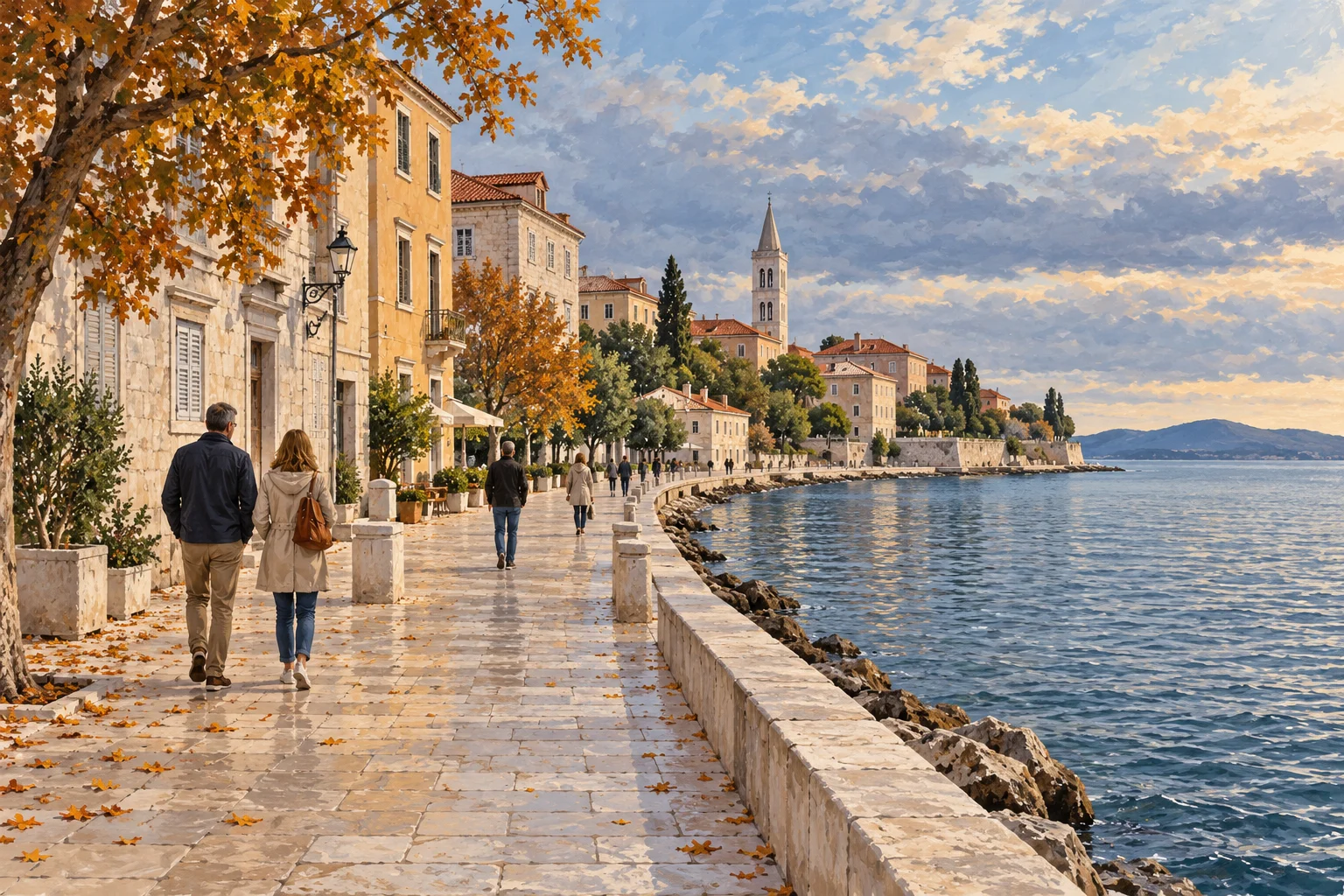 Illustration einer dalmatinischen Stadtpromenade mit wenigen Spaziergängern im Herbst