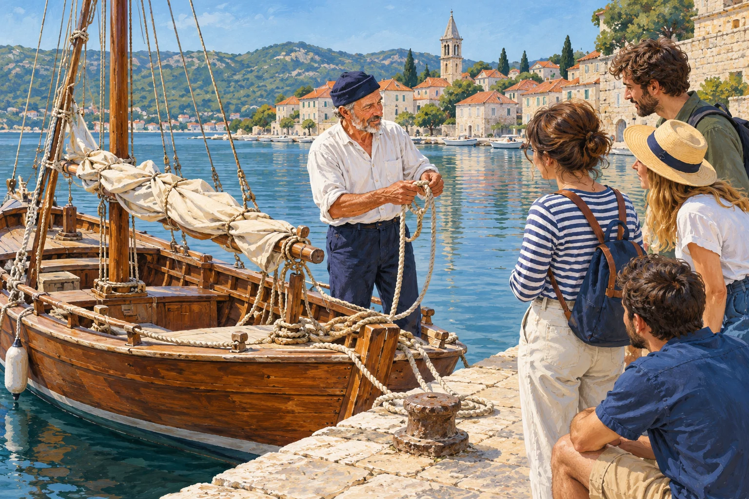 Gemalte Symbolszene einer Erklärung an einem traditionellen Holzboot